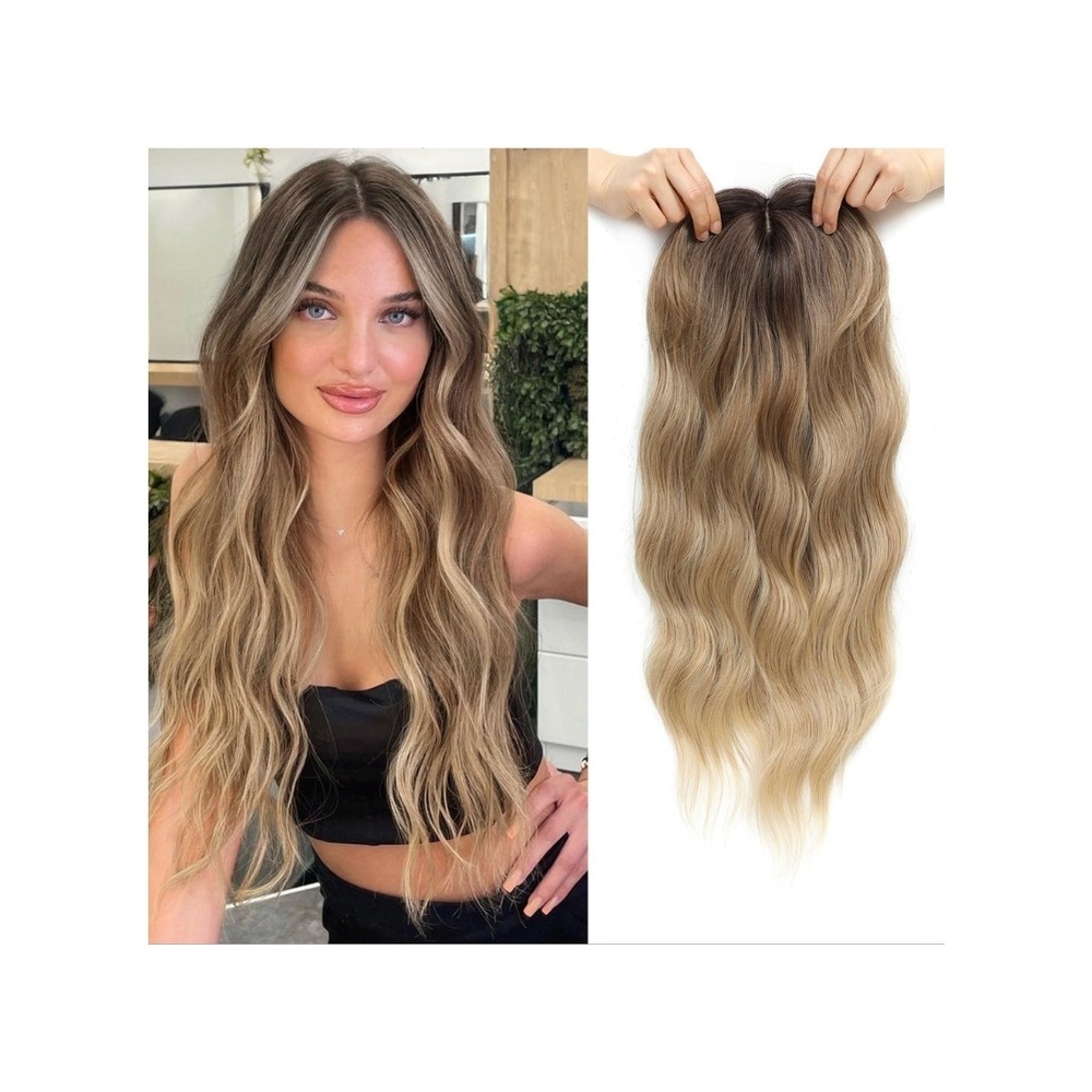 20" Wavy Synthetic Hair Topper Brown Blonde Dark Roots Clip-In 7x7 Natural Ombre